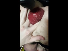 Dildoing of sexy young prolapsed fistee in the sling